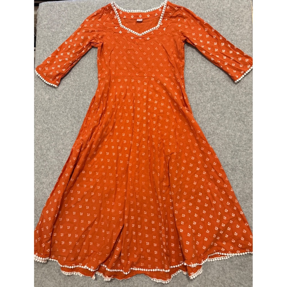 Vintage Miss Fame Orange Block Print Midi Dress Womens Small 3/4 Sleeve